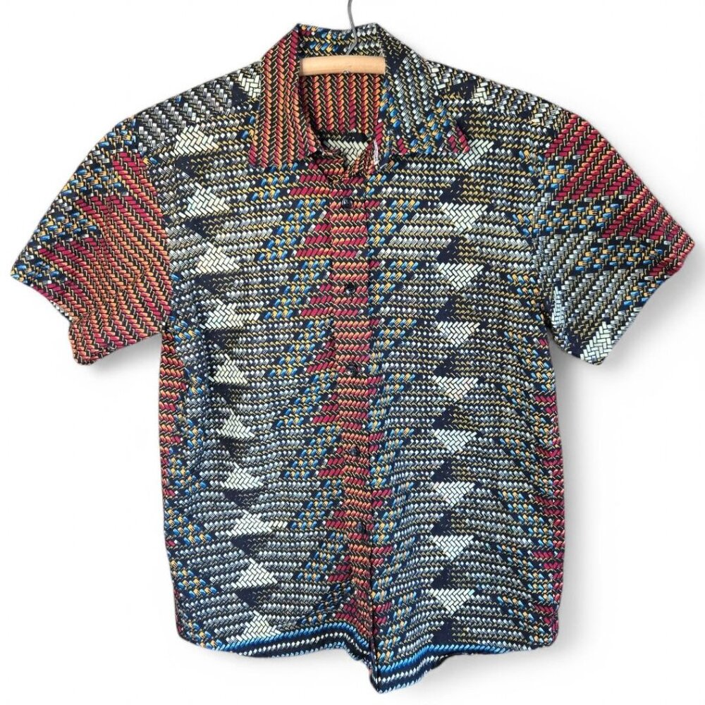 African Tribal Inspired Mens Small Button-Up Shirt Short Sleeve Earthtones